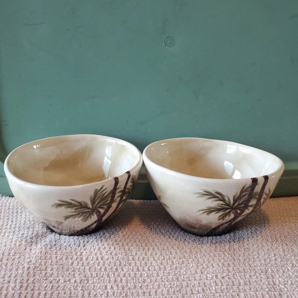 Bahamas Hand Painted Collection Palm Tree Ceramic Bowls Set of 2 Tropical Cream